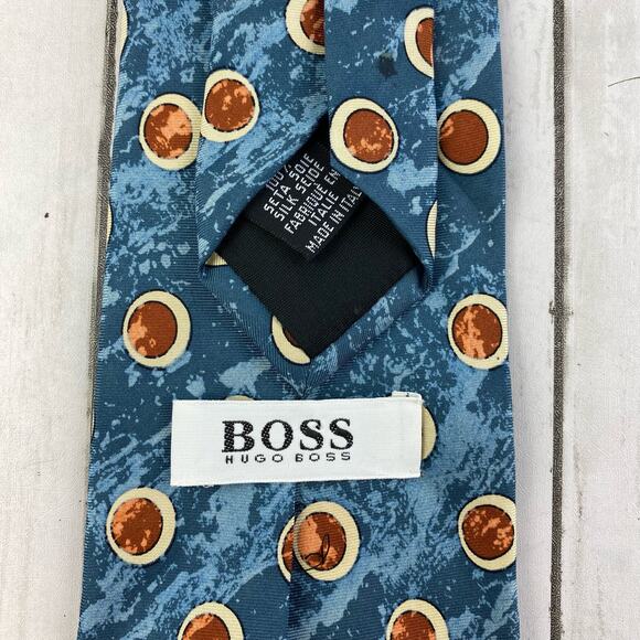 HUGO BOSS Blue Yellow Retro Full Moon Printed Silk Tie 3.5" Wide Made in Italy - Picture 4 of 7
